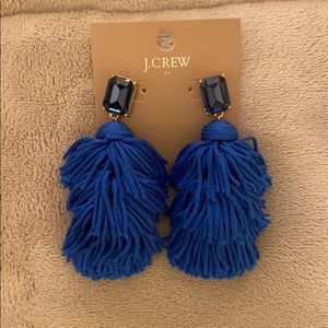 J.Crew Blue Tassel Statement Earrings Gold Tone Crystal Drop NWT